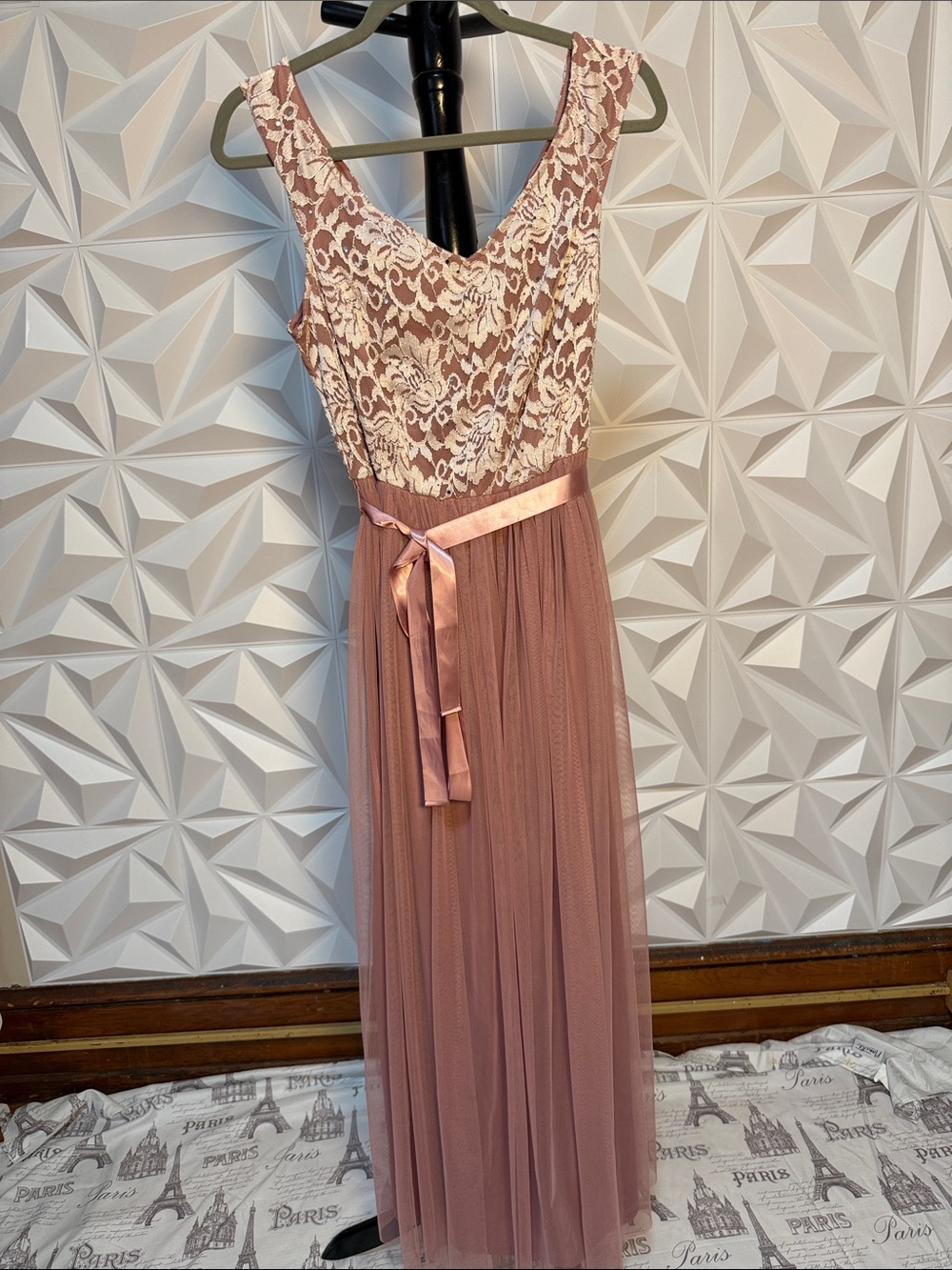 Sleeveless Rose Pink Lace Maxi Dress with Satin Waist Tie